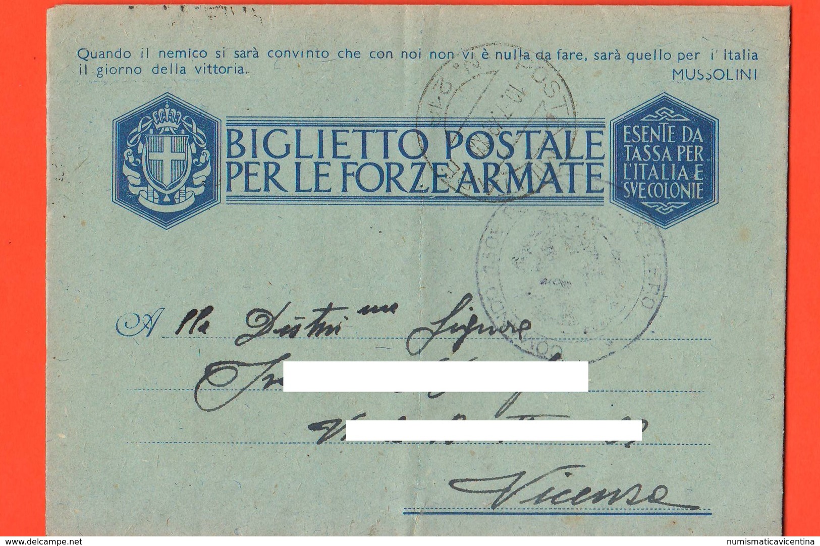 130° BTG. COSTIERO Sassari Posta Militare 216 - 1943 X Vicenza FRANCHIGIA Biglietto Postale Forze Armate - Posta Militare (PM)