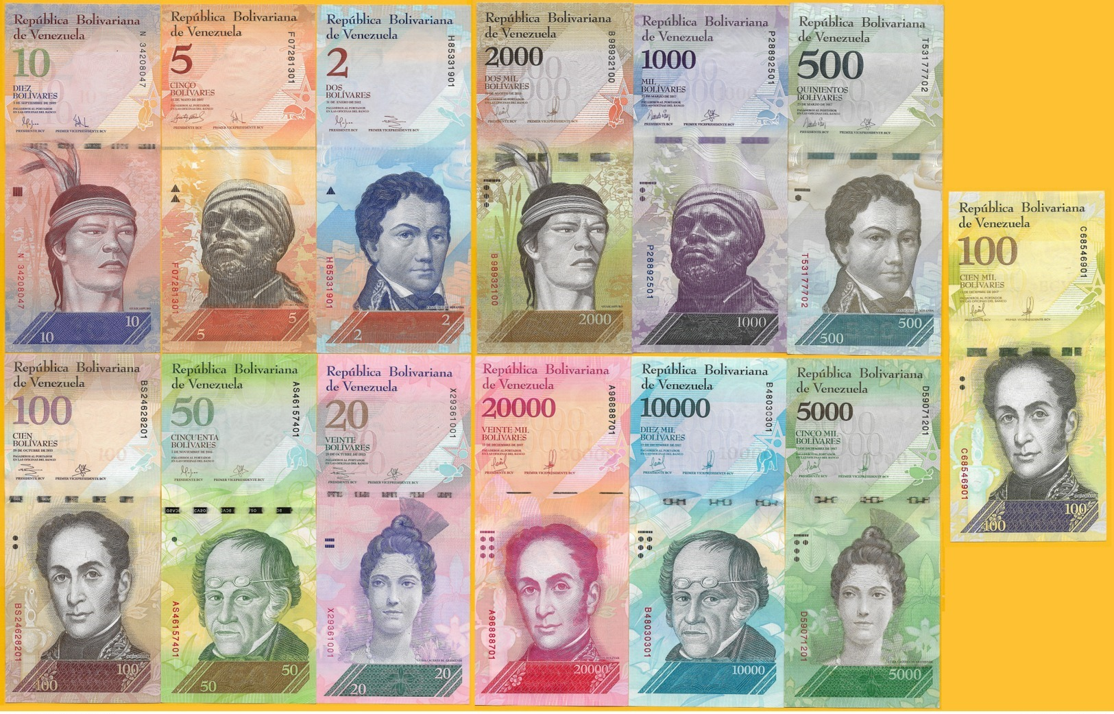 Venezuela Set 2 5 10 20 50 100 500 1000 2000 5000 10000 20000 100000 Bolivares (Set Of 13 Banknotes) UNC - Venezuela