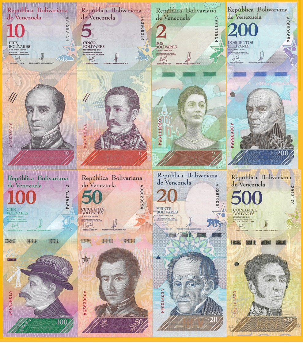 Venezuela Set 2 5 10 20 50 100 200 500 Bolivares Soberanos P-new 2018 UNC - Venezuela