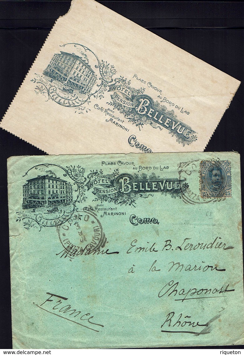 Italie - 1901 "Hotel Pension Bellevue à Como" 25 C Humbert 1er Sur Enveloppe Illustrée, Pour Chaponost + Carte-lettre - - Marcophilie