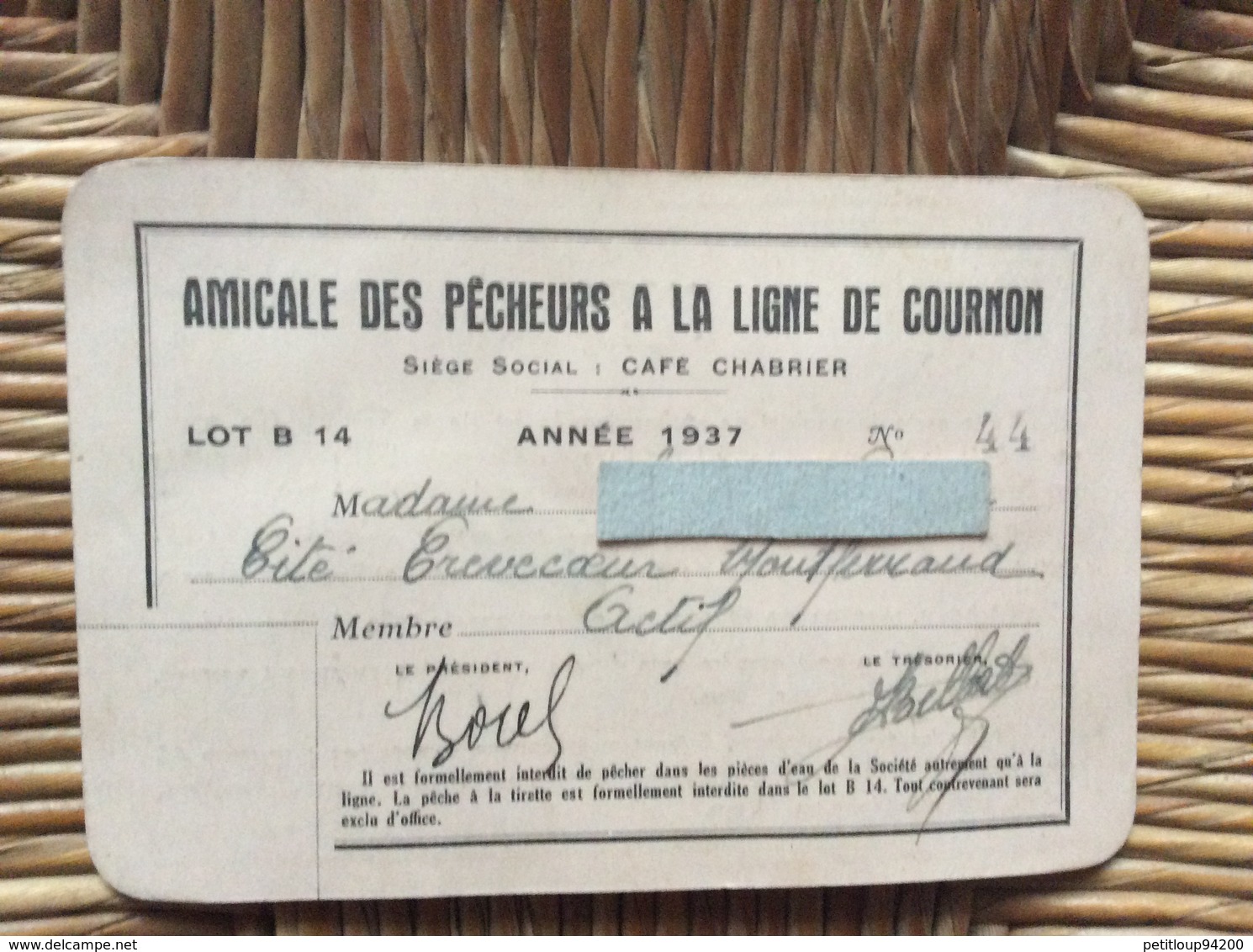 CARTE AMICALE DES PÊCHEURS À LA LIGNE DE COURNON  Café Chabrier  ANNEE 1937 - Pesca