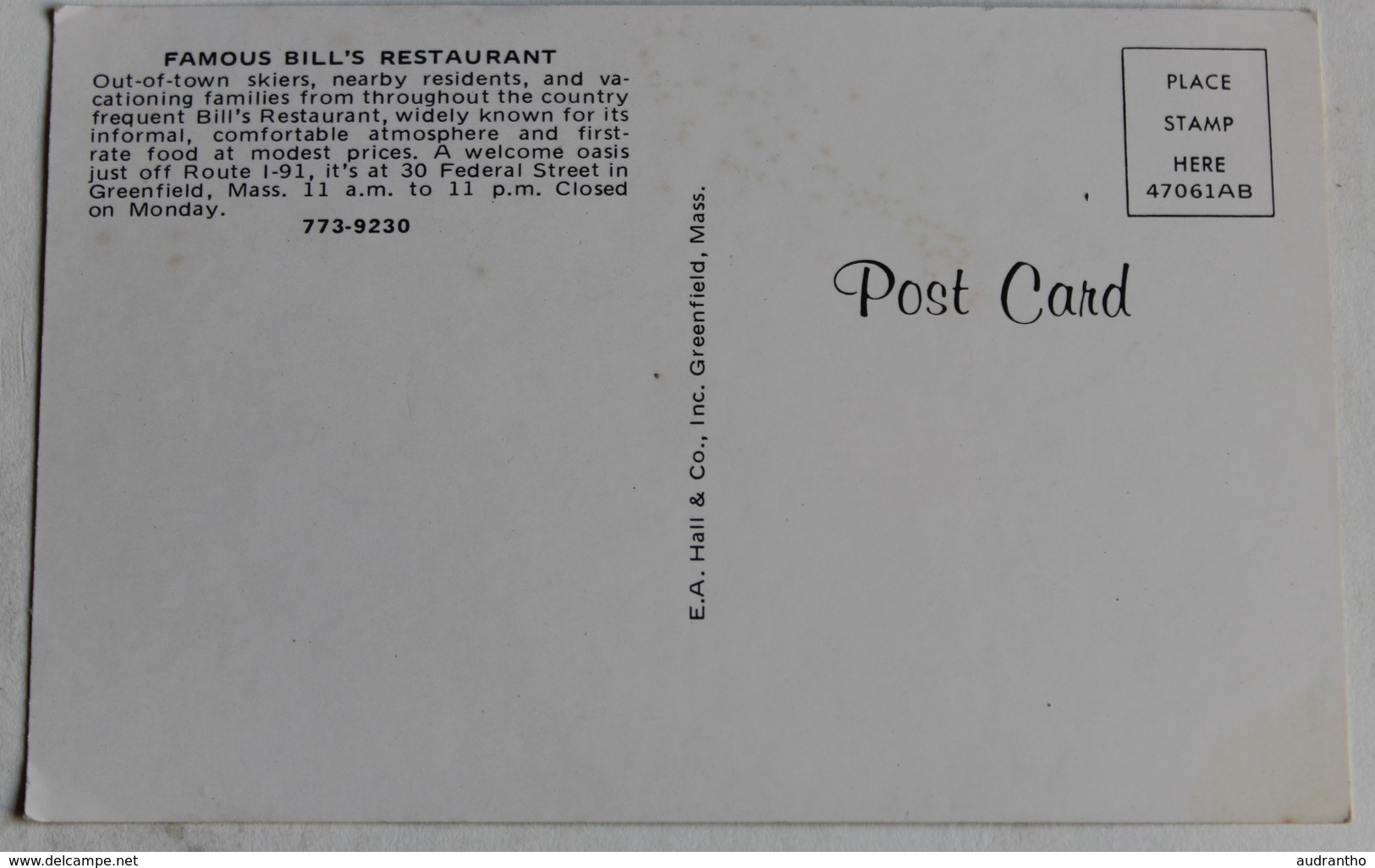 Carte Postale Publicitaire Greenfield Famous Bill's Restaurant Massachusetts - Autres & Non Classés