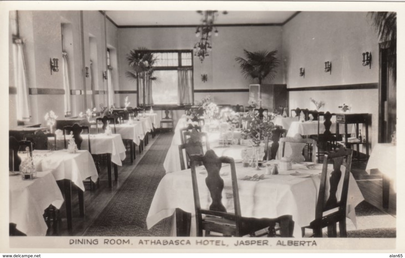 Jasper Alberta Canada, Athabasca Hotel Dining Room Interior View, C1930s/50s Vintage Real Photo Postcard - Jasper