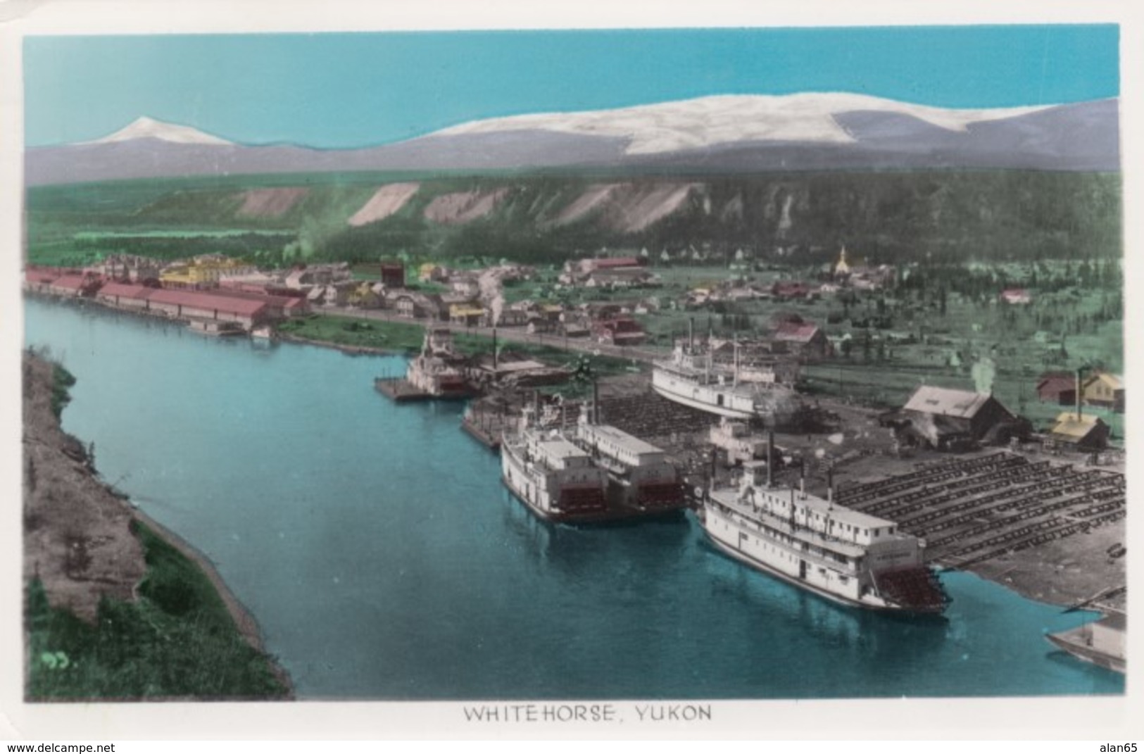 Whitehorse Yukon Canada, View Of Town, Riverfront And Paddle-wheel Steamers, C1950s Vintage Real Photo Postcard - Yukon