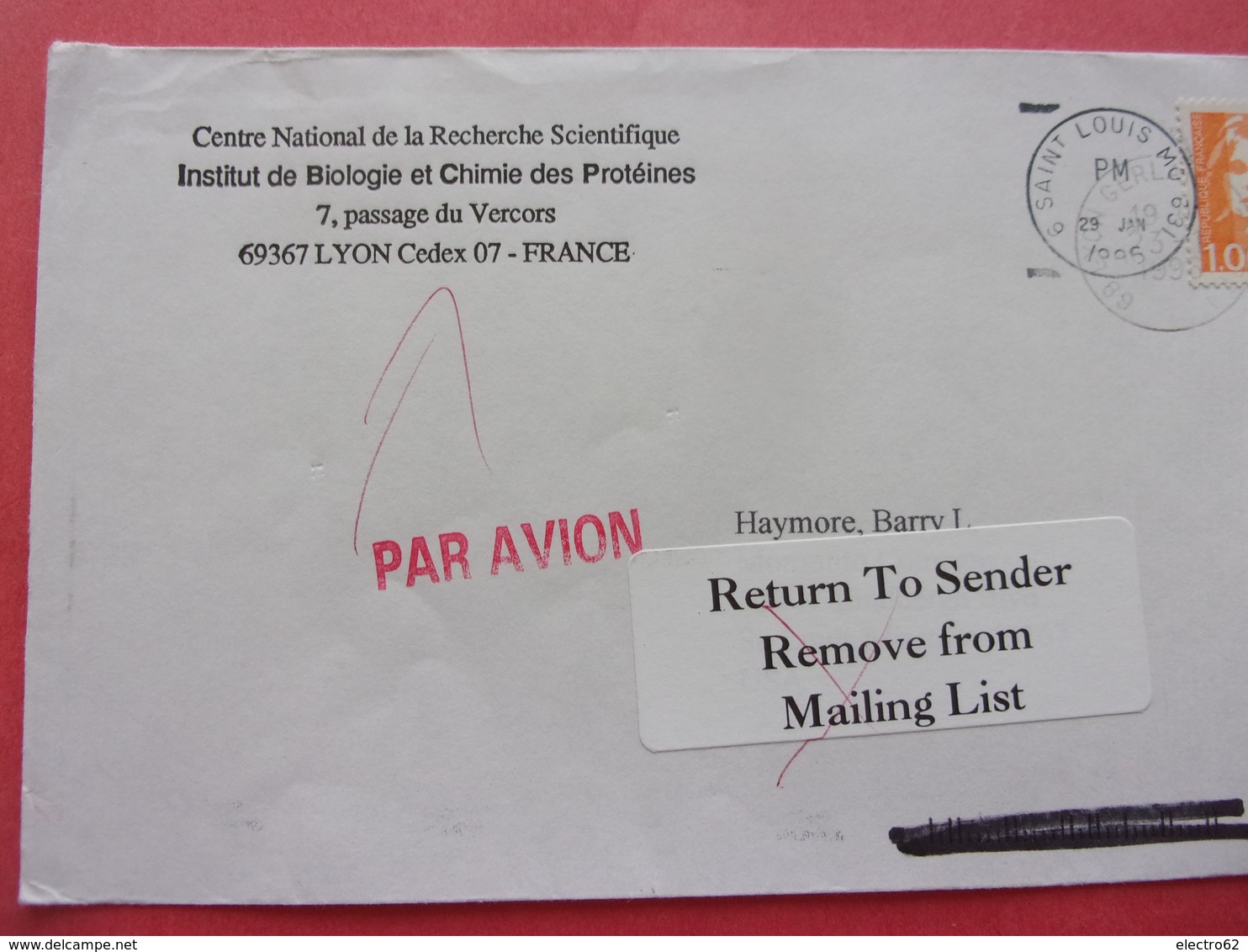 Lyon  CNRS SAINT LOUIS  RETURN TO SENDER REMOVE FROM MAILING LIST Marianne - Marcofilie