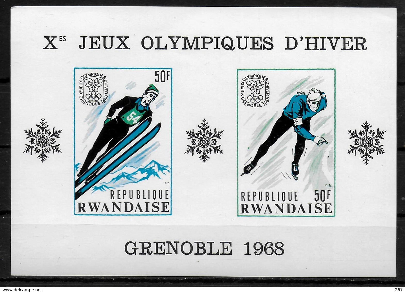RWANDA  BF 10a * *  NON DENTELE ( Cote 27.50e ) Jo 1968 Patinage De Vitesse Saut A Ski - Winter 1968: Grenoble