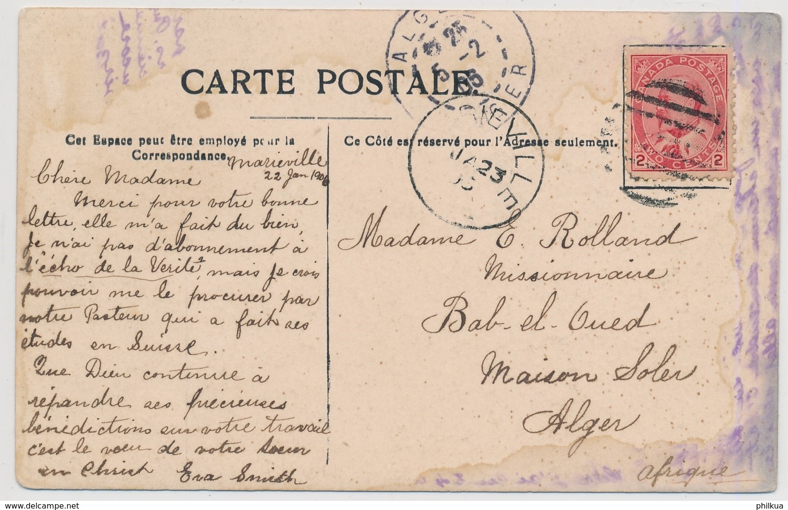 1906 - Marieville - Canada - Gelaufen Nach  Bab El Oued - Algerie - Autres & Non Classés