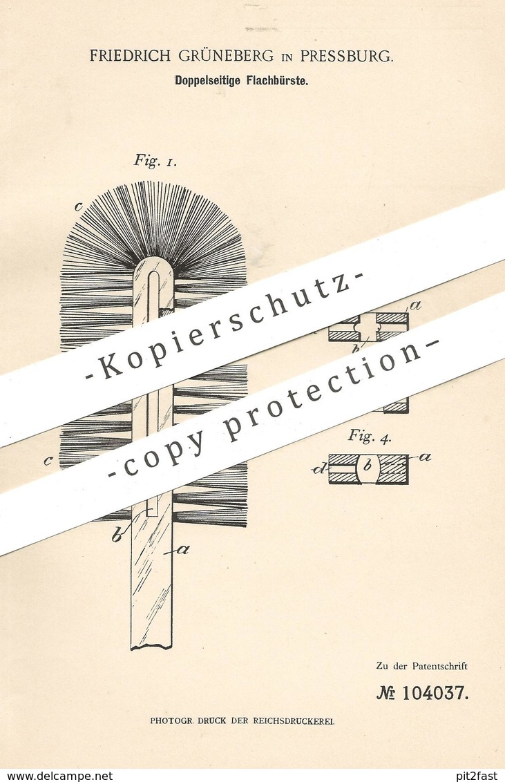 Original Patent - Friedrich Grüneberg , Pressburg , 1898 , Doppelseitige Flachbürste | Bürste , Bürstenmacher , Borsten - Historical Documents