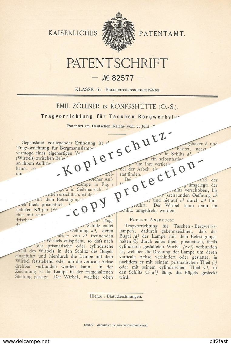 Original Patent - Emil Zöllner , Königshütte 1894 | Trage Für Taschen - Bergwerkslampe | Taschenlampe , Bergwerk , Lampe - Historische Dokumente