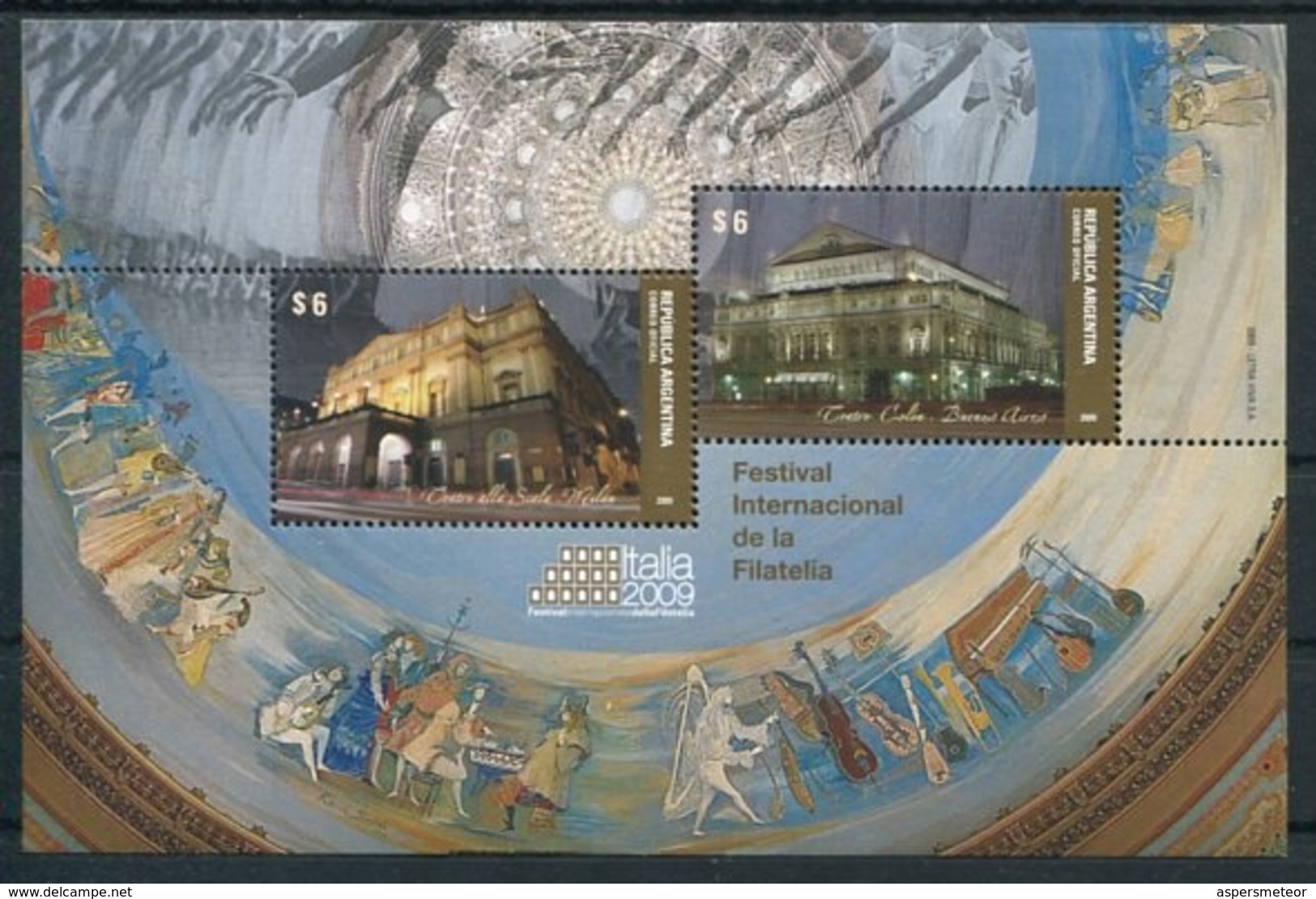 TEATRO ALLA SCALA - TEATRO COLON. EXPOSICION FILATELIA ITALIA 2009. ARGENTINA JALIL 207 HOJA BLOQUE FEUILLET MNH -LILHU - Blocchi & Foglietti