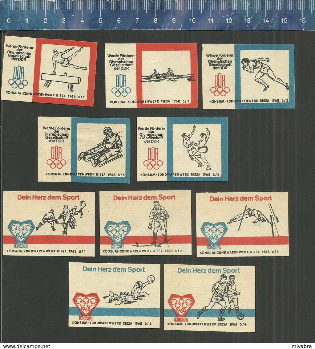 OLYMPIC GAMES 1968 ICE HOCKEY SKATING ROWING ATHLETICS GYMNASTICS LUGER DDR Matchbox Labels - Boites D'allumettes - Etiquettes