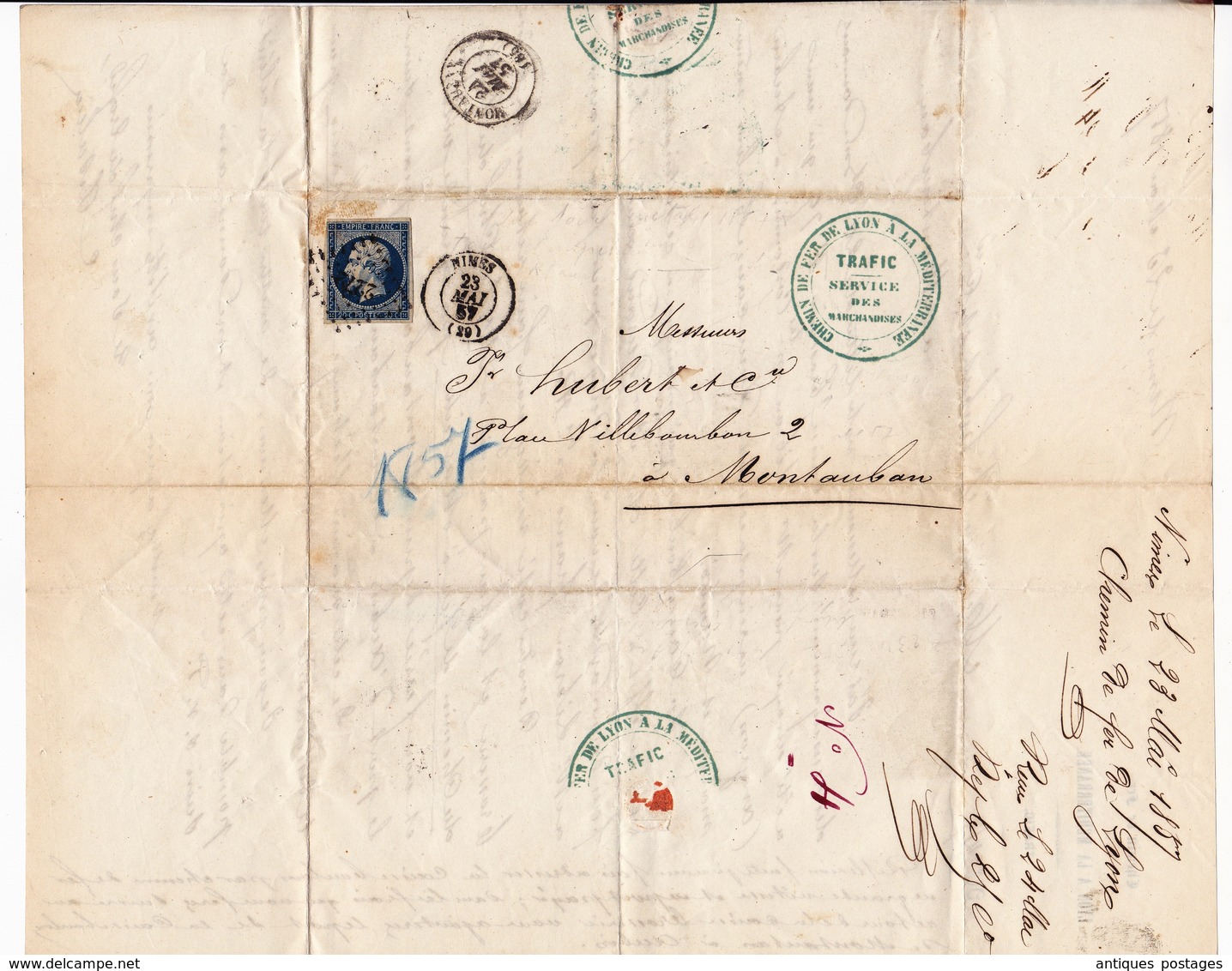 Lettre Nîmes Gard 1857 Chemin de Fer Lyon à la Méditerranée Montauban Tarn et Garonne Traffic Service des Marchandises