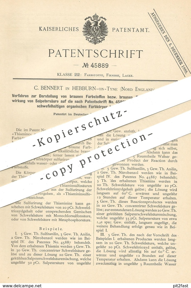 Original Patent - C. Bennert , Hebburn On Tyre , England , 1887 , Darst. Von Brauner Farbstoffe | Salpetersäure , Farbe - Historische Dokumente