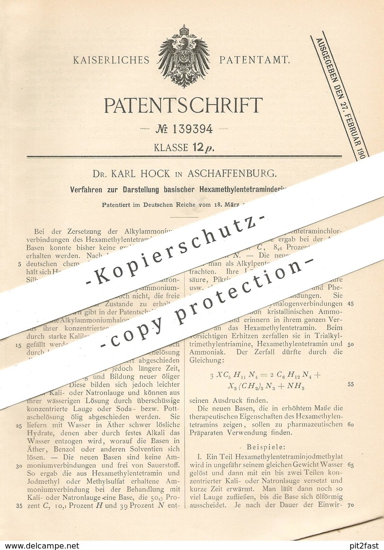 Original Patent - Dr. Karl Hock , Aschaffenburg , 1902 , Basisches Hexymethylentetraminderivate | A. Eichengrün | Chemie - Historische Dokumente