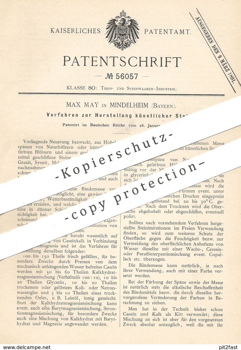 Original Patent - Max May , Mindelheim / Bayern , 1890 , Herst. Künstlicher Steine | Gestein , Ziegel , Ton , Holz - Historische Dokumente