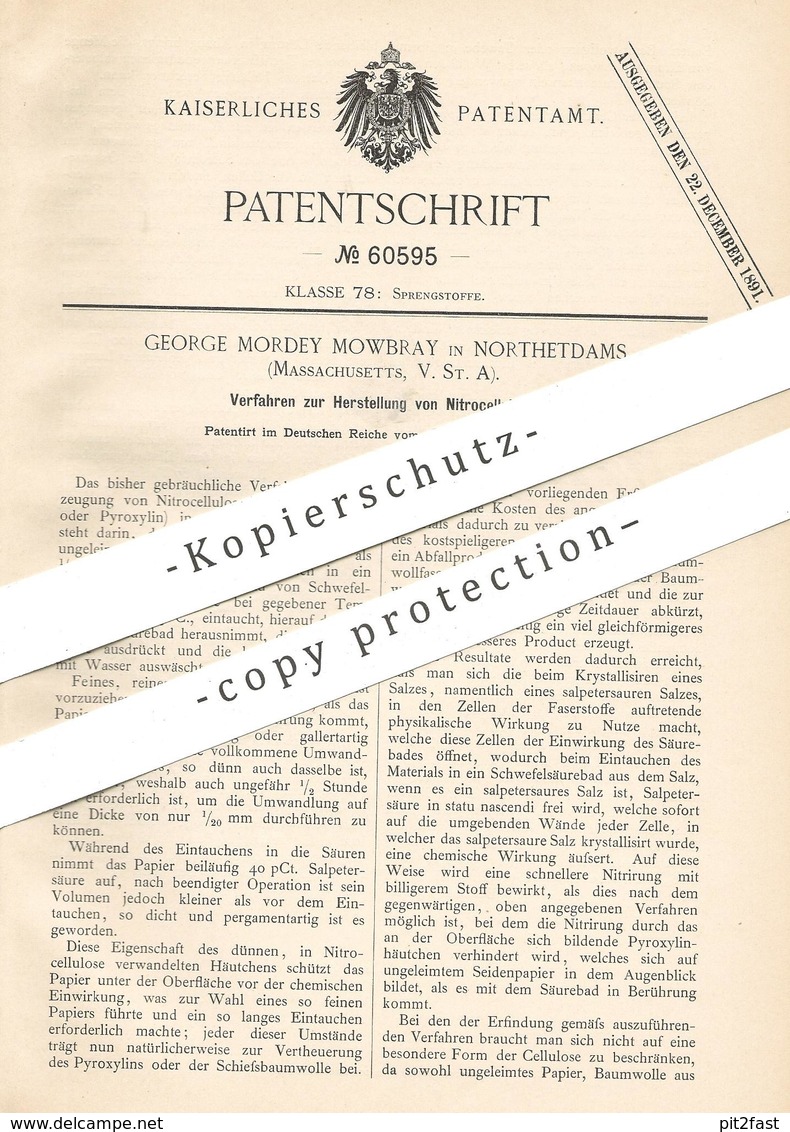 Original Patent - George Mordey Mowbray , Northetdams , Massachusetts , USA | Herst. Von Nitrocellulose | Sprengstoff - Historische Dokumente