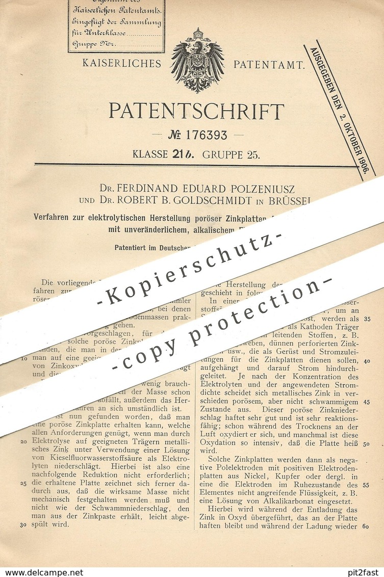 Original Patent - Dr. Ferdinand Eduard Polzeniusz , Dr. Robert B. Goldschmidt , Brüssel | Elektrolyt | Zink , Strom !! - Historische Dokumente