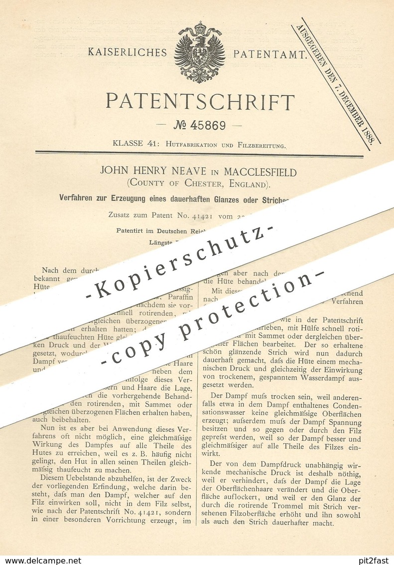 Original Patent - John Henry Neave , Macclesfield , Chester , England | 1888 | Anstrich & Glanz Auf Filzhut | Hut , Filz - Historische Dokumente