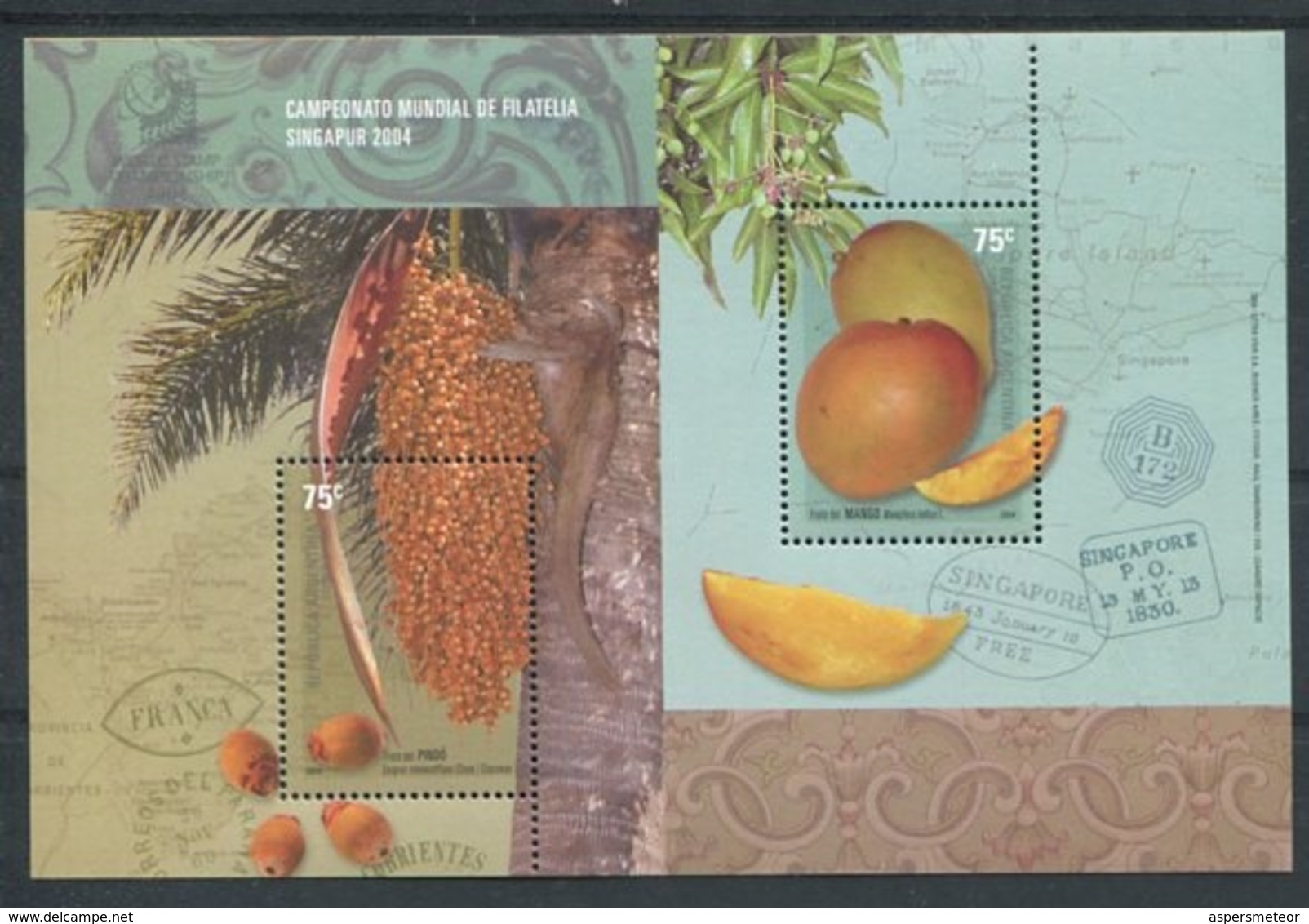 "SINGAPUR 2004" CAMPEONATO MUNDIAL DE FILATELIA. ARGENTINA JALIL HB 163 HOJITA BLOC MNH TBE FRUTO DE PINDO, MANGO -LILHU - Nuevos