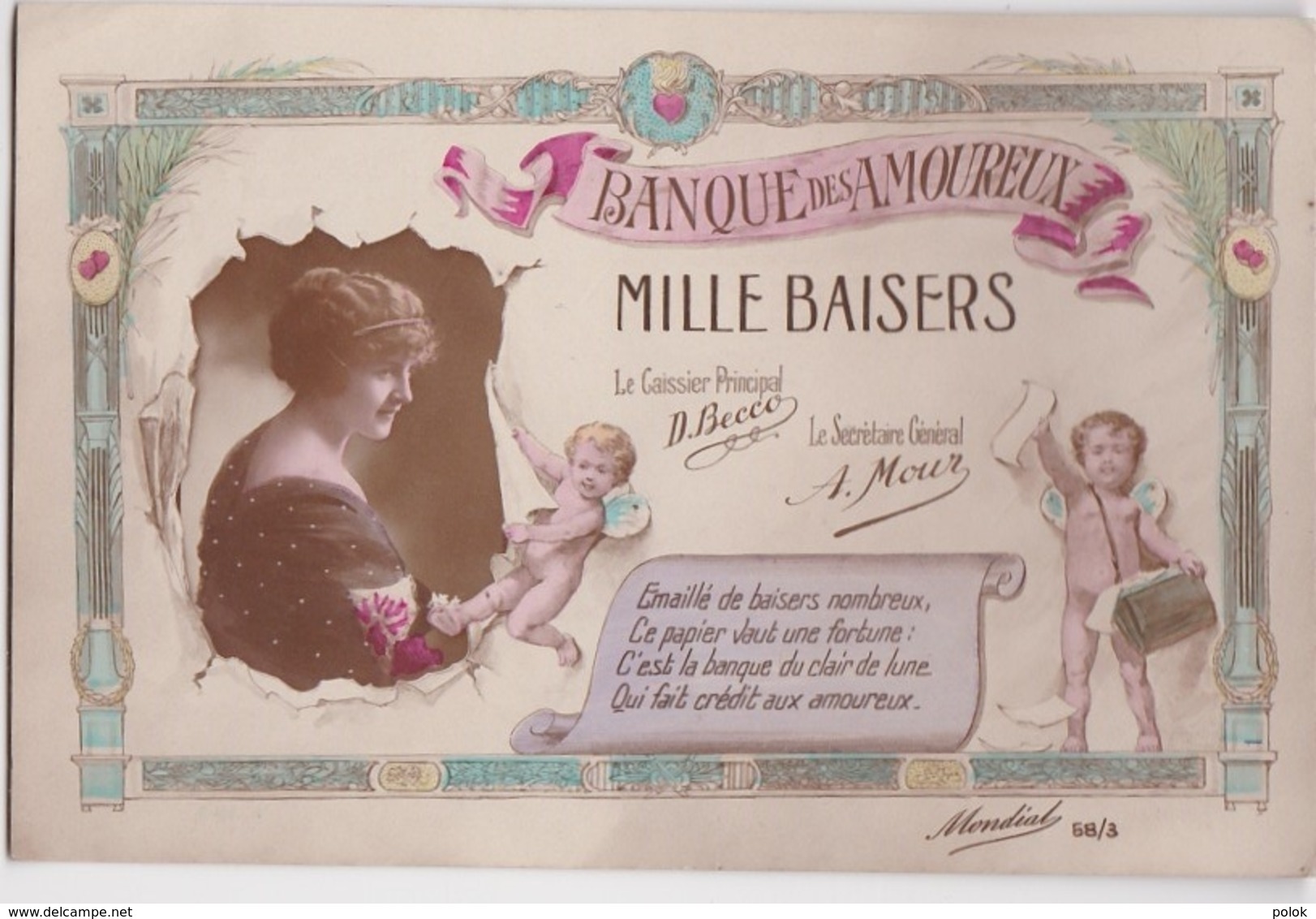 Bu - Cpa Fantaisie - BANQUE Des AMOUREUX - Mille Baisers - Monnaies (représentations)