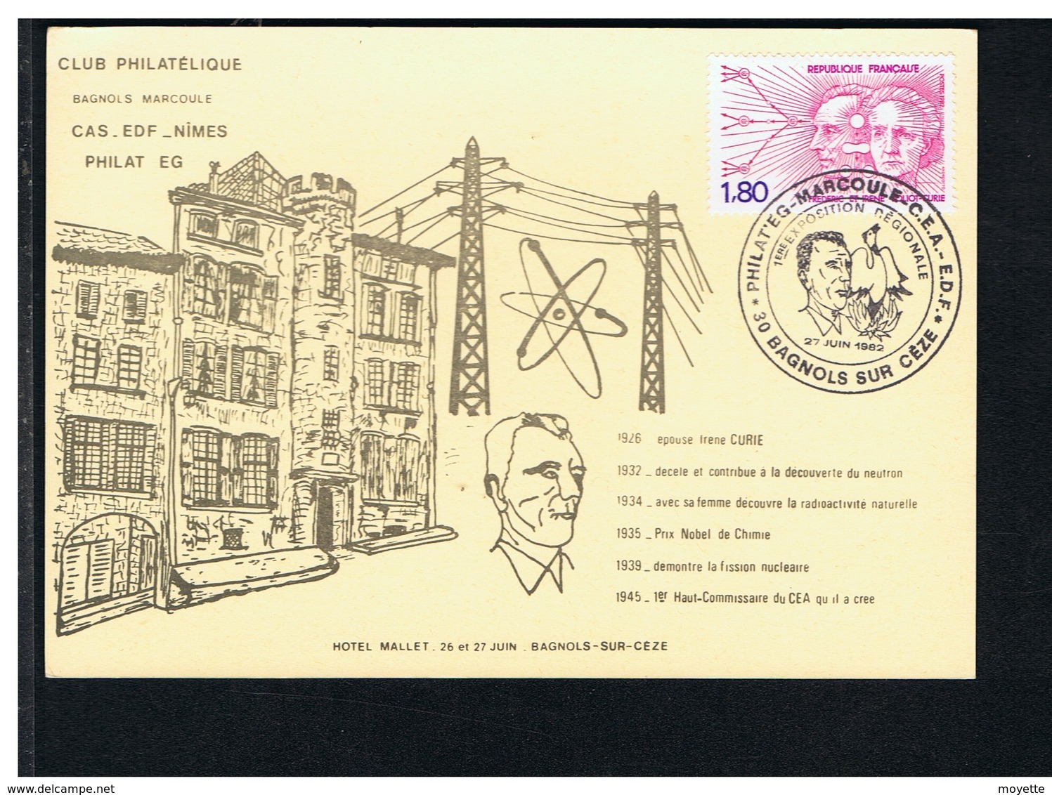 CARTE CLUB PHILATELIQUE-30-EDF NIMES-1982-TIMBRE PIERRE ET MARIE CURIE- - Other & Unclassified