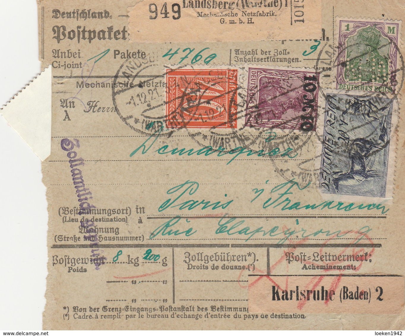 DR INFLA 1921 PAKETKARTE  BULLETIN D EXPEDITION LANDSBERG   PARIS PK19 - Cartas & Documentos