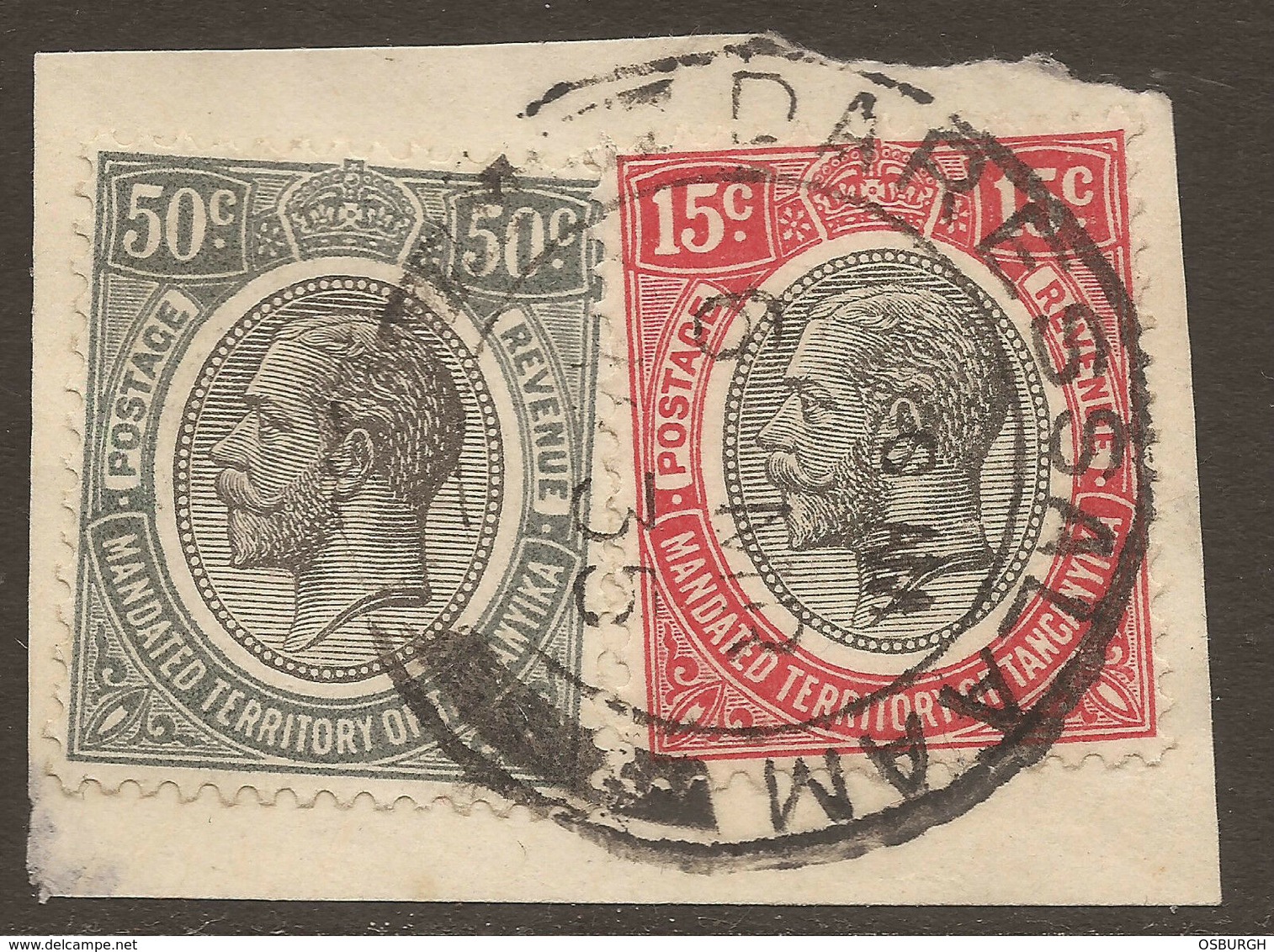 TANGANYIKA. GV. POSTMARK. DARESSALAAM. 15c & DULL 50c. USED ON PIECE. - Tanganyika (...-1932)