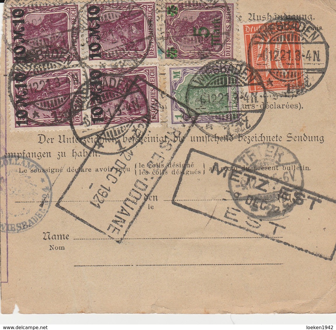 DR INFLA 1921 PAKETKARTE  BULLETIN D EXPEDITION WIESBADEN    PARIS PK22 - Briefe U. Dokumente