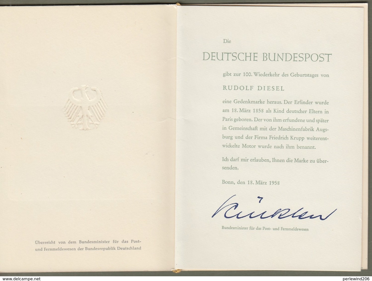 Bund + Saarland: Minister Card - Ministerkarte Typ II, Mi.-Nr. 284 + S. 432: " Rudolf Diesel " RR Joint Issue X - Briefe U. Dokumente