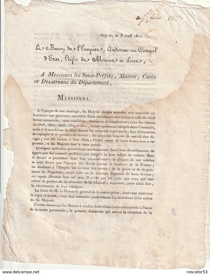 Très Rare Directive Du Ministère De La Guerre 25 Mars Et 5 Avril  1811 Napoléon Contre L'amnistie Des Réfractaires - Documents