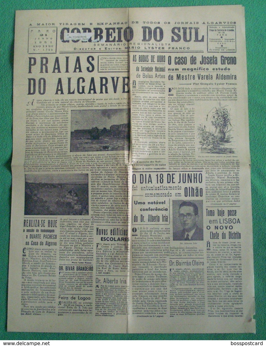Faro - Jornal "Correio Do Sul" Nº 1753 De 21 De Junho De 1951 - Imprensa - Allgemeine Literatur