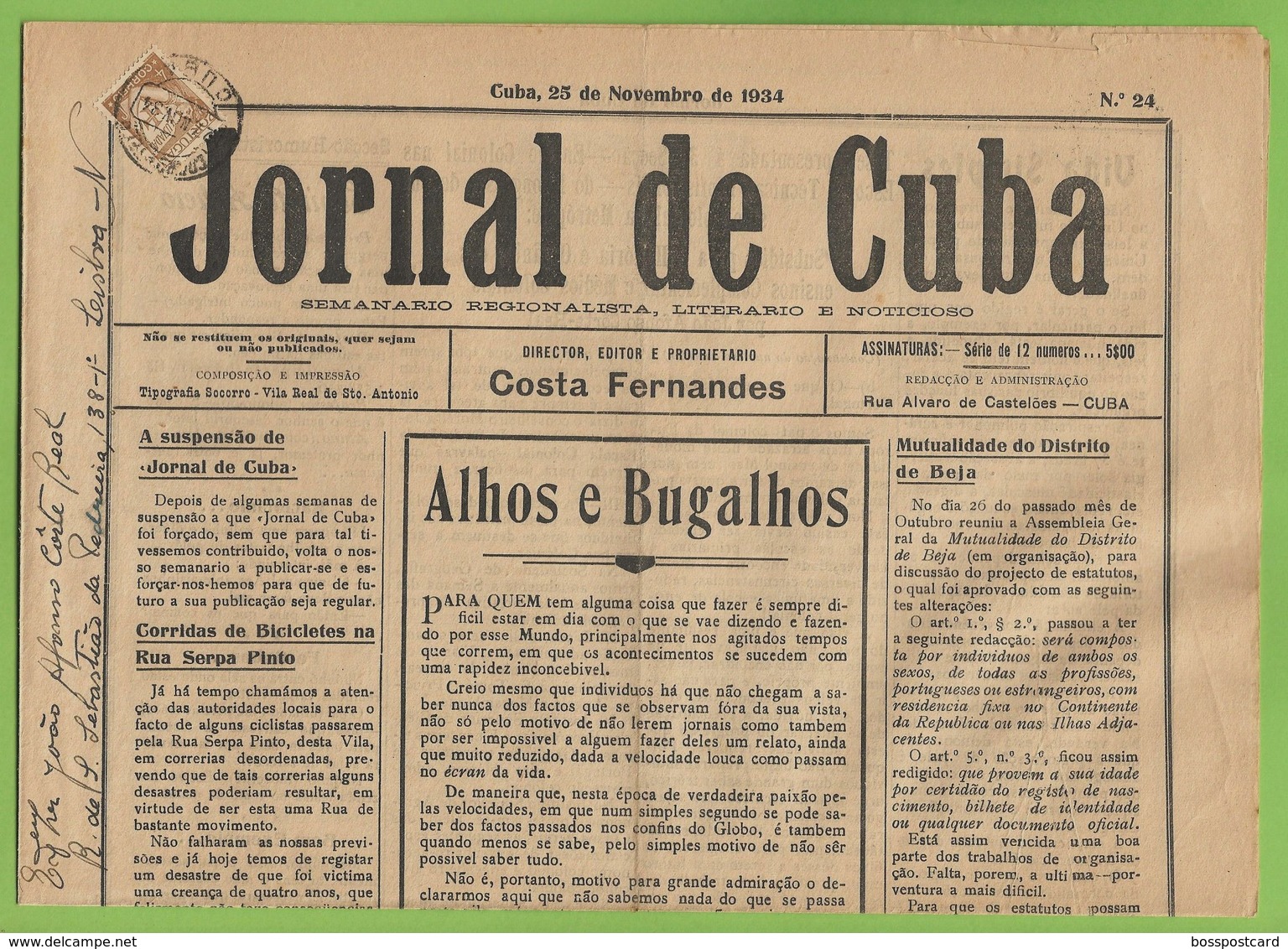 Cuba - "Jornal De Cuba" Nº 24 De 25 De Novembro De 1934 - Imprensa. Beja. Portugal. - General Issues