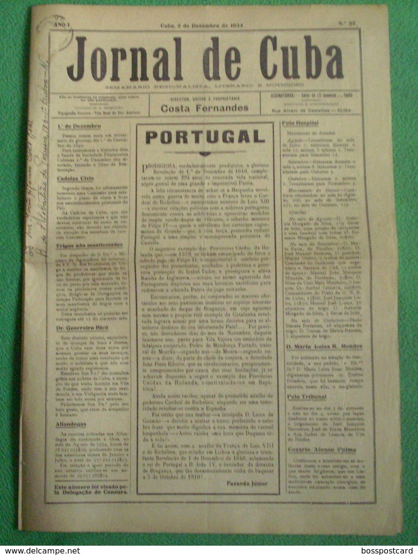 Cuba - "Jornal De Cuba" Nº 25 De 2 De Dezembro De 1934 - Imprensa. Beja. Portugal. - Algemene Informatie