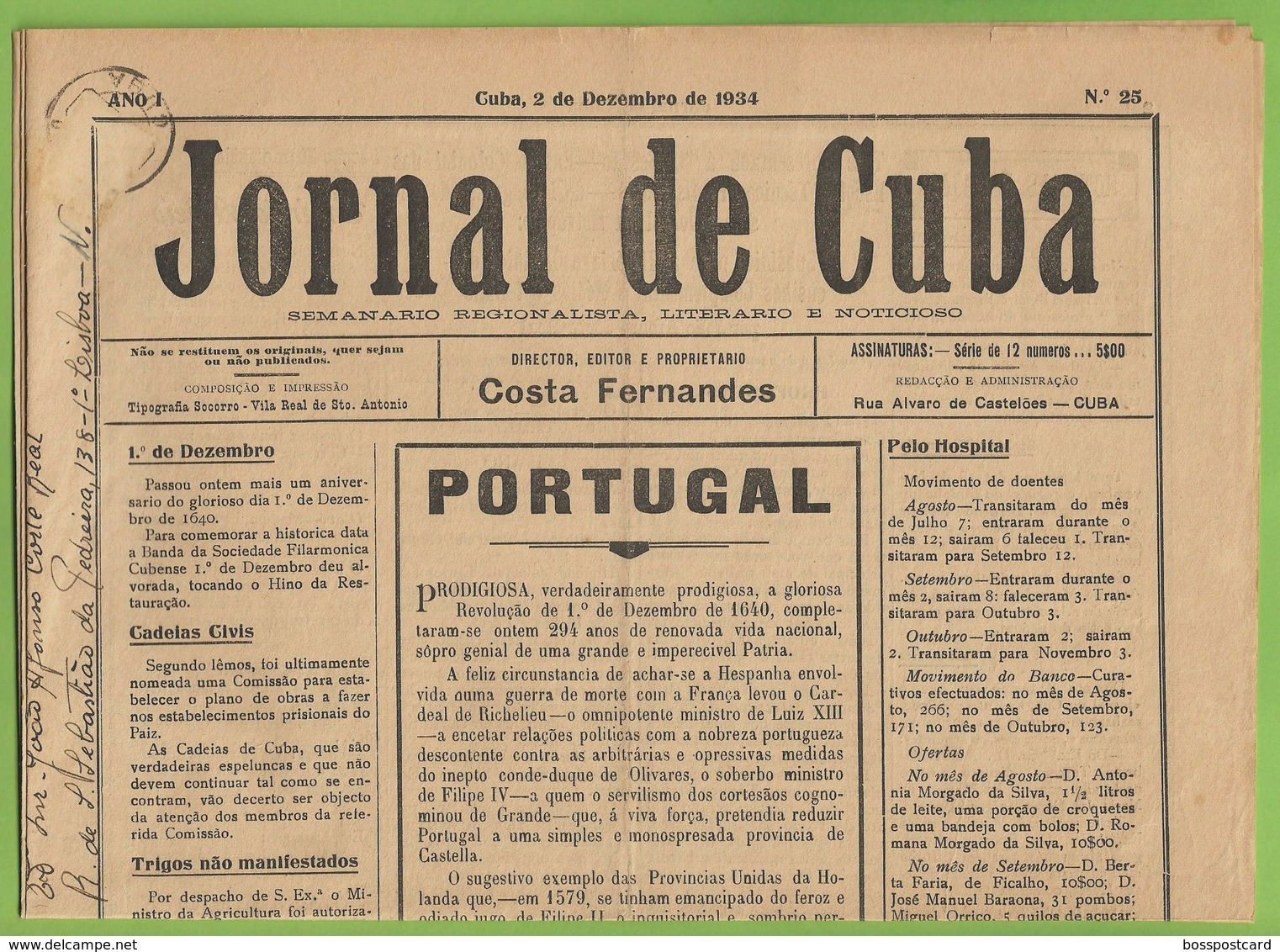 Cuba - "Jornal De Cuba" Nº 25 De 2 De Dezembro De 1934 - Imprensa. Beja. Portugal. - Algemene Informatie