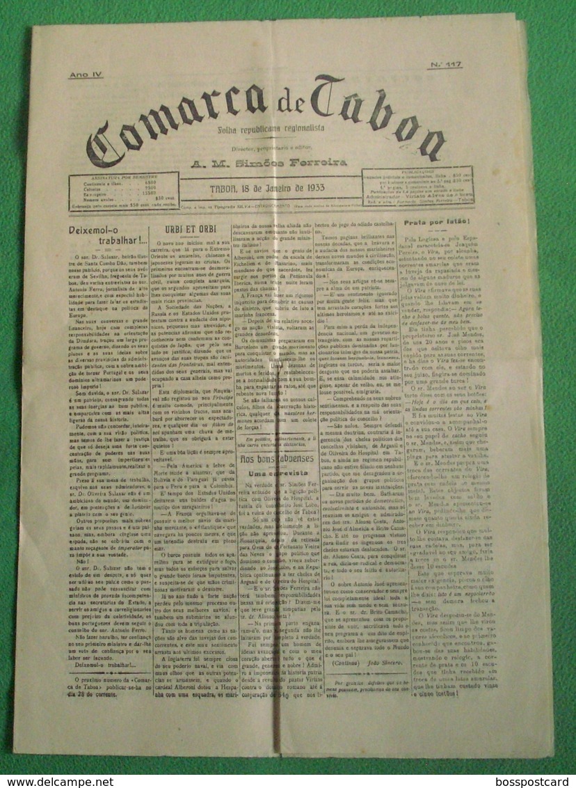 Tábua - Jornal "Comarca De Taboa" Nº 117 De 18 De Janeiro De 1933 - Imprensa. Coimbra. Portugal. - General Issues