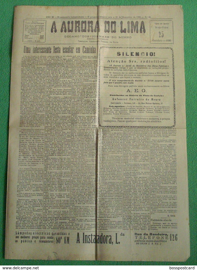 Viana Do Castelo - Jornal "A Aurora Do Lima" Nº 85 De 25 De Outubro De 1935 - Imprensa - General Issues