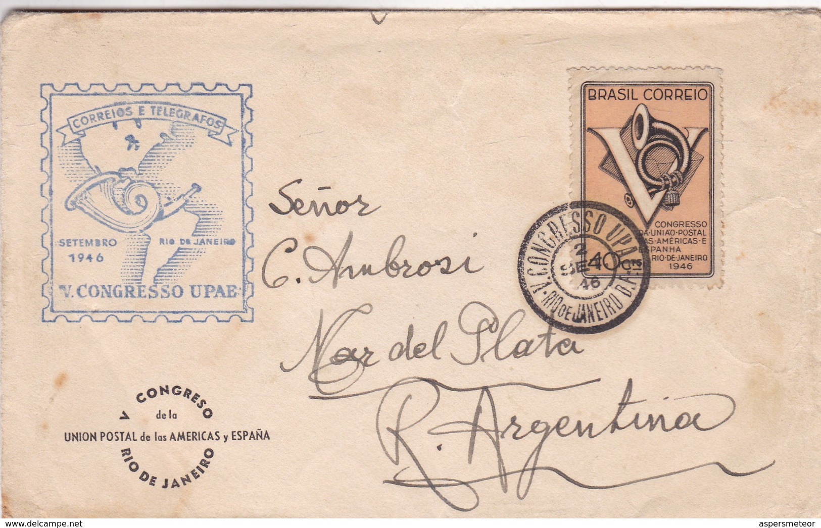 1946 COVER BRAZIL- UPAEP V CONGRESSO. CIRCULEE RIO DE JANEIRO TO MAR DEL PLATA, ARGENTINE- BLEUP - Storia Postale