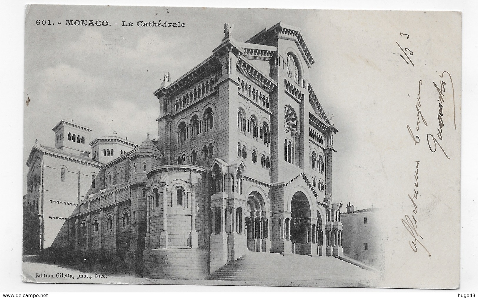 (RECTO / VERSO) MONTE CARLO EN 1903 - N° 601 - LA CATHEDRALE - LEGER PLI BAS A GAUCHE - CPA PRECURSEUR VOYAGEE - Kathedrale Notre-Dame-Immaculée