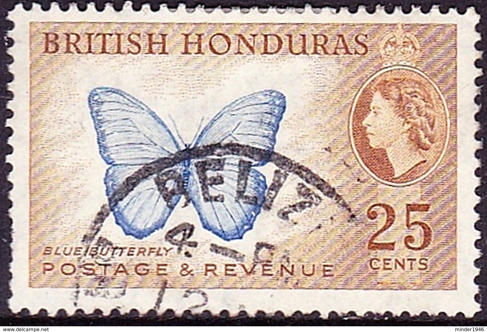 BRITISH HONDURAS 1953 QEII 25c Bright Blue & Yellow-Brown SG186 Fine Used - British Honduras (...-1970)