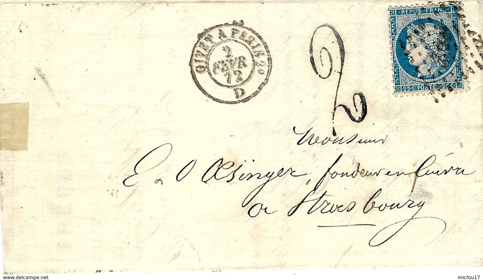 3  1872- Lettre De BREVILLY ( Ardennes ) Cad  AMB. Givet à Paris  Affr. N°60 + Taxe 2 Groschen Allemande Pour Strasbourg - 1849-1876: Période Classique