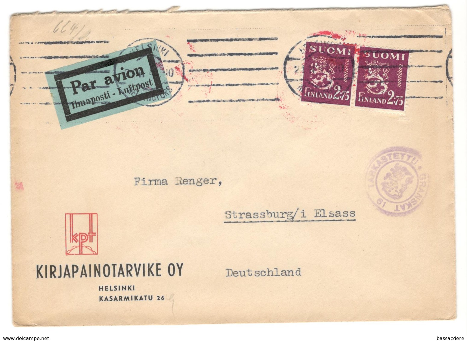19540 - Avec Censure  Pour L'Allemagne - Briefe U. Dokumente