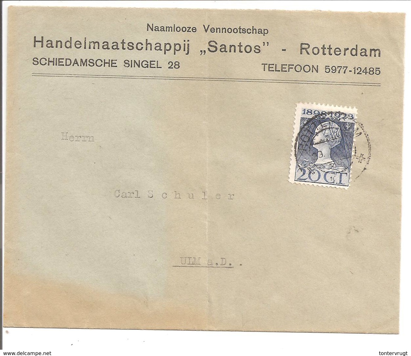 1923 Jubileum  20 Cent N.V.P.H.125. Rotterdam Santos - Lettres & Documents