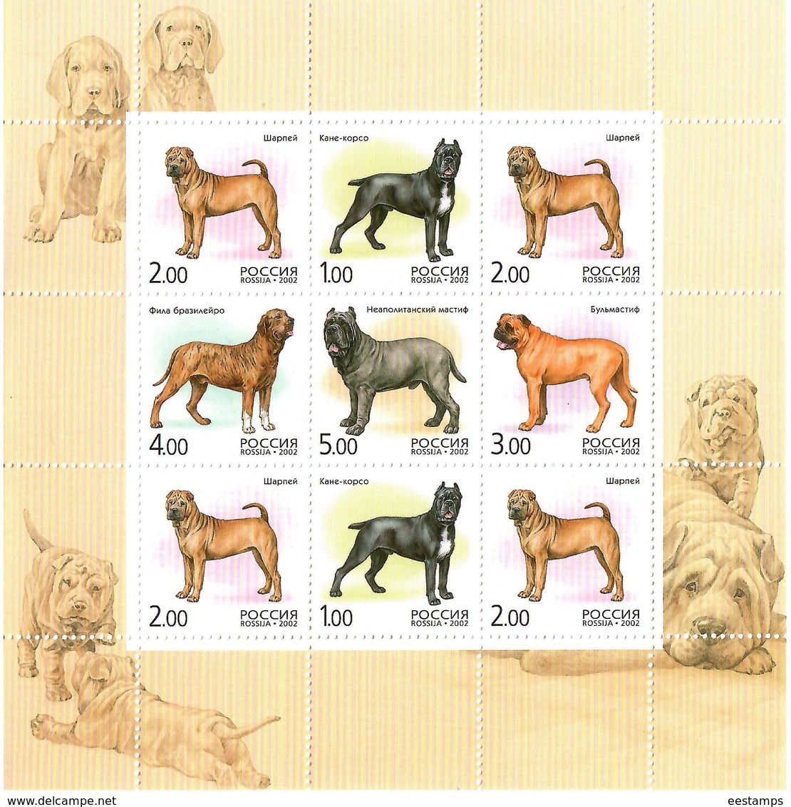 Russia.2002 Dogs. Sheetlet Of 9 (2x1r, 4x2r, 1x3r, 1x4r, 1x5r).  Michel # 971-75 KB - Nuevos