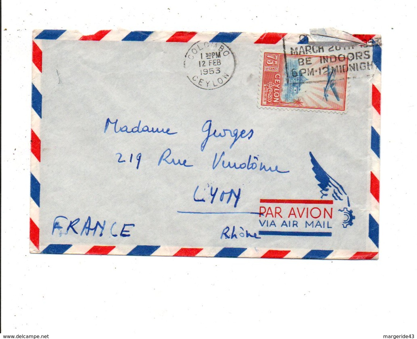 CEYLAN LETTRE DE COLOMBO POUR LA FRANCE 1953 - Sri Lanka (Ceylan) (1948-...)