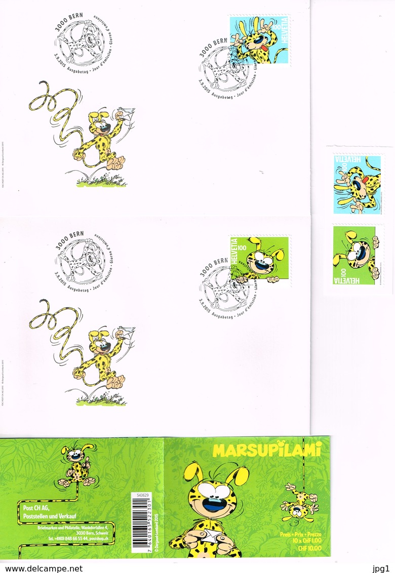 MARSUPILAMI : 2 Enveloppes Suisses, Carnet De 10 Timbres Neufs Et Deux Timbres Neufs. - Comics