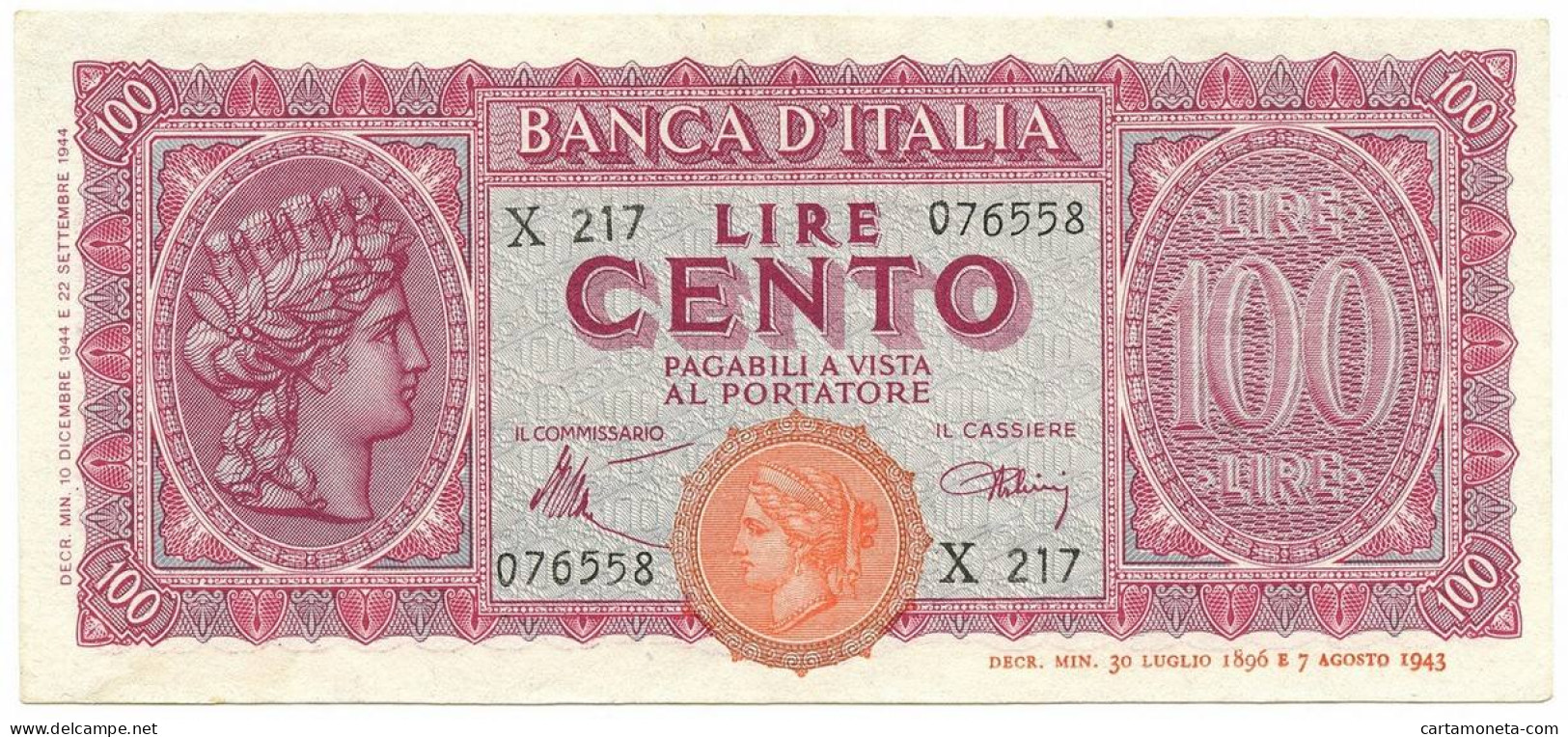 100 LIRE ITALIA TURRITA TESTINA 10/12/1944 SUP- - Regno D'Italia – Autres