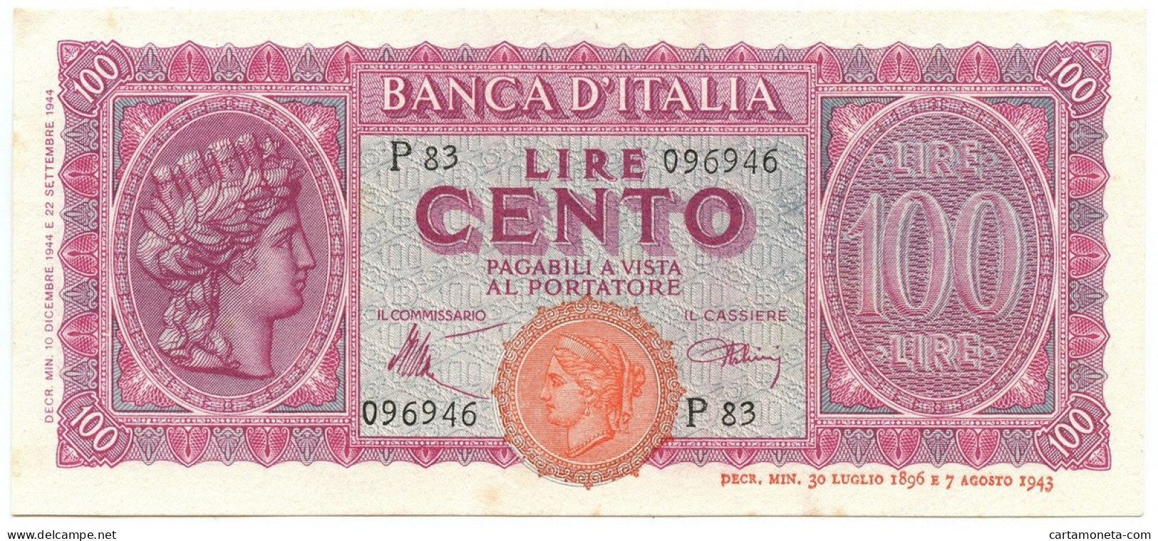 100 LIRE ITALIA TURRITA TESTINA 10/12/1944 SUP- - Regno D'Italia – Other