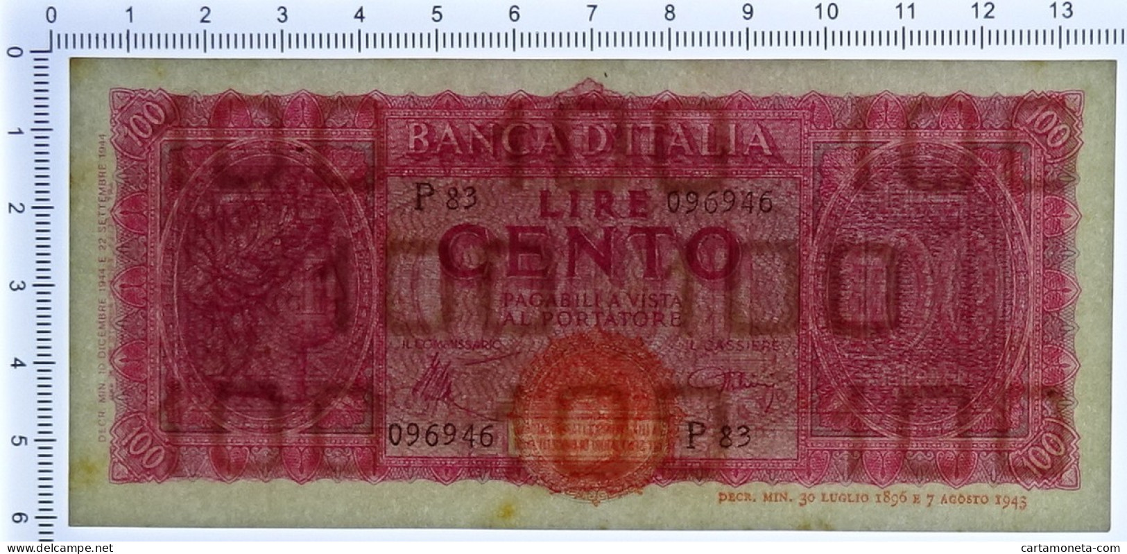 100 LIRE ITALIA TURRITA TESTINA 10/12/1944 SUP- - Regno D'Italia – Other