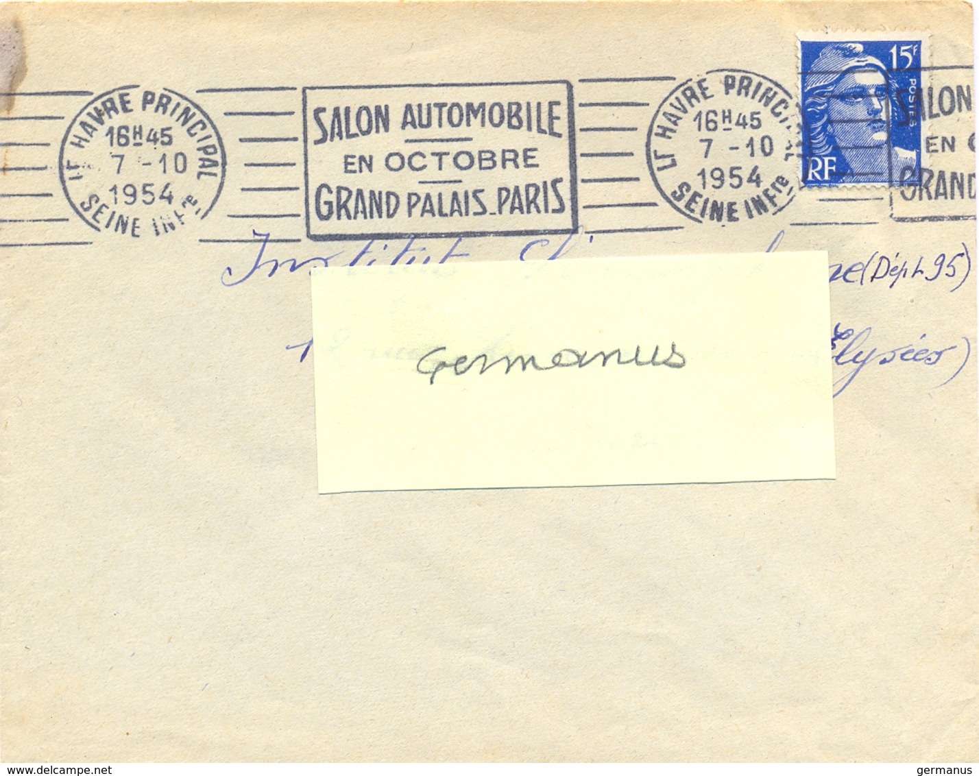 LE HAVRE PRINCIPAL SEINE INfre OMec RBV 7-10-1954 SALON AUTOMOBILE / EN OCTOBRE / GRAND PALAIS PARIS - Mechanical Postmarks (Advertisement)