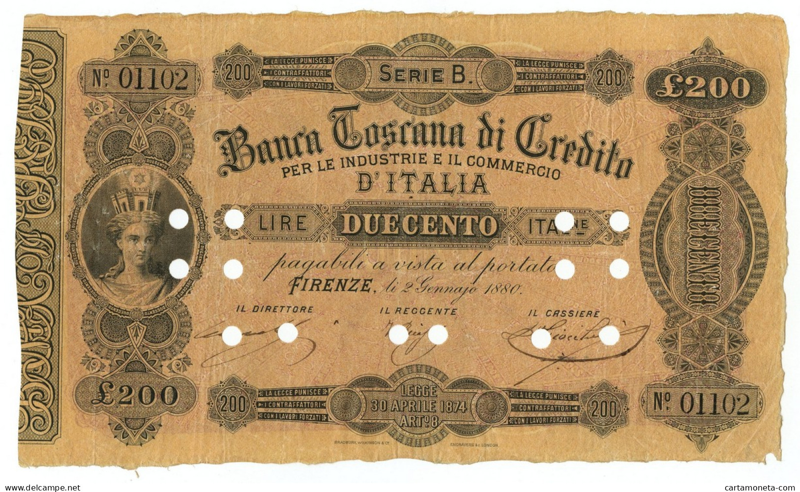 200 LIRE BANCA TOSCANA DI CREDITO FIRENZE II TIPO 02/01/1880 BB - Altri & Non Classificati